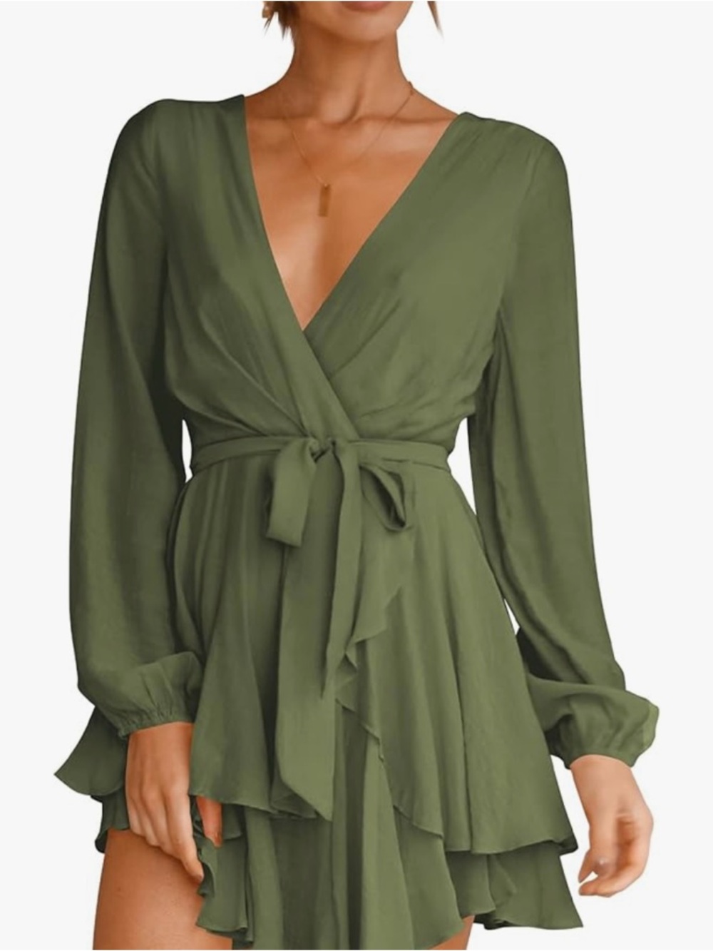 Olive Green Long-Sleeve Mini Dress